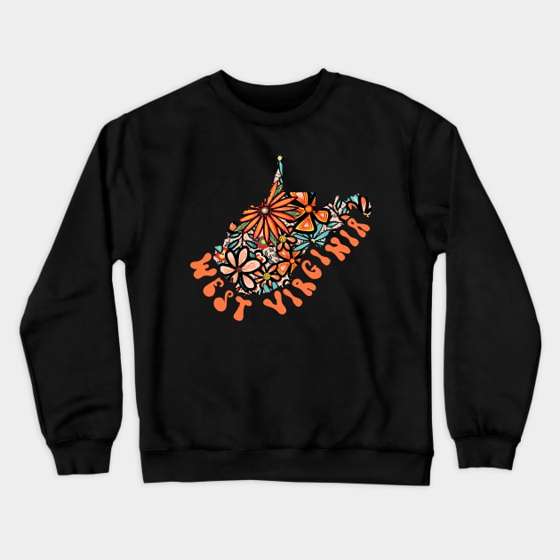 West Virginia State Design | Artist Designed Illustration Featuring West Virginia State Filled With Retro Flowers with Retro Hand-Lettering Crewneck Sweatshirt by MarcyBrennanArt